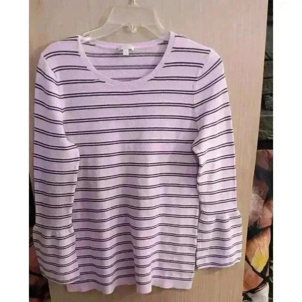TALBOTS (M) Women's Pink/Black‎ Stripe Pullover Knit Sweater Bell 3/4 Sleeve